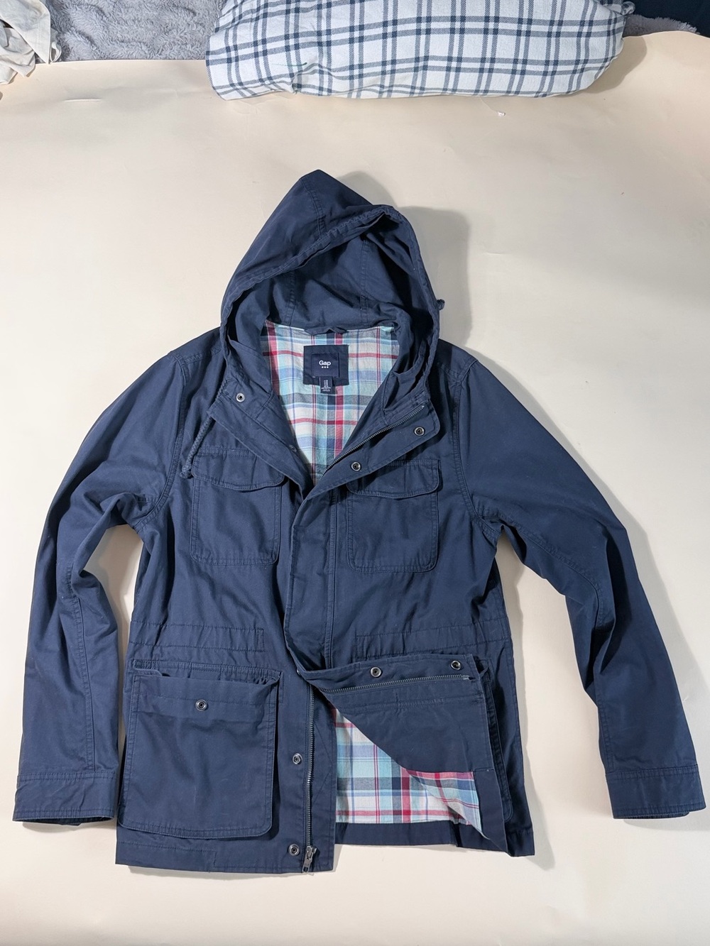 GAP Navy Hooded Field Jacket with Plaid Lining